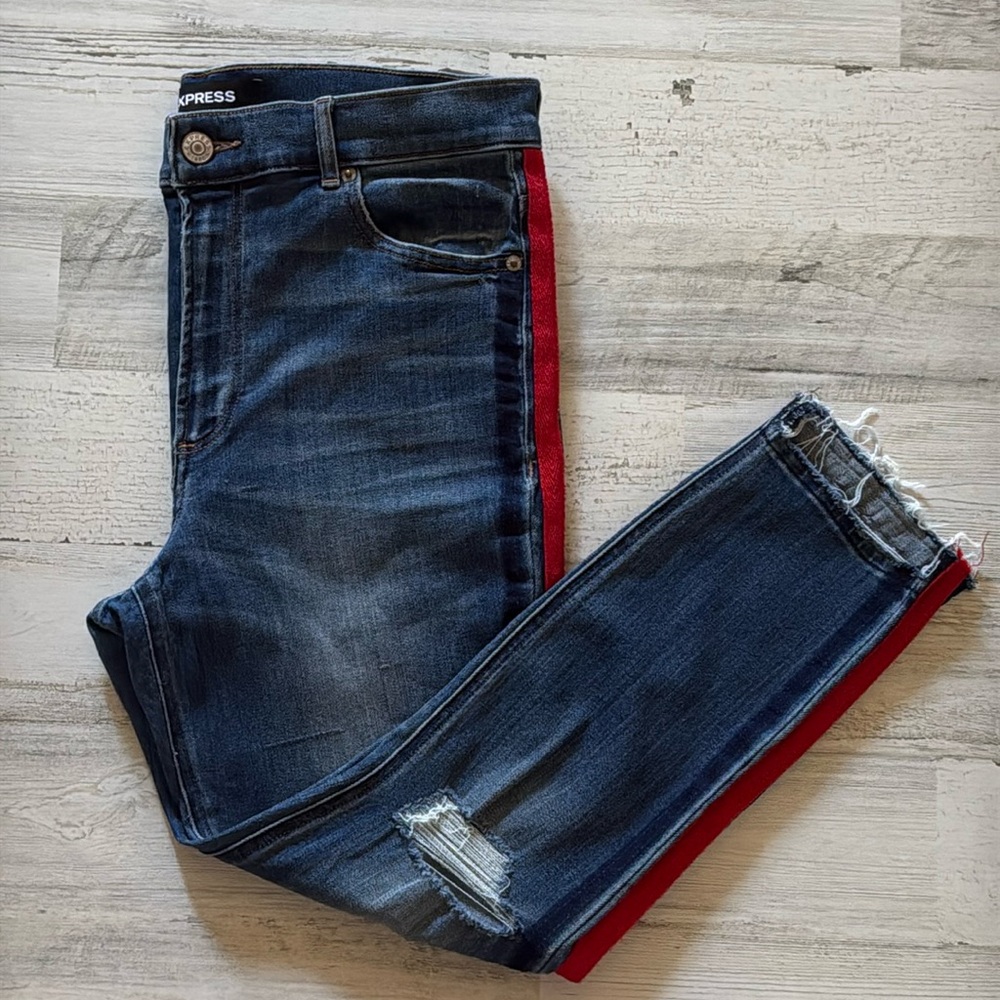 Express Blue and Red Skinny Jeans with Sporty Stripe